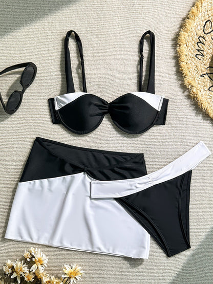 Black & White Bikini Set With Skirt