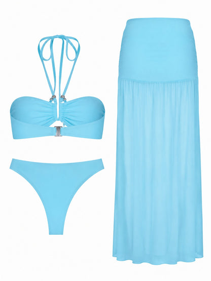 Sky Blue Bandeau Bikini Set with Sheer Maxi Skirt