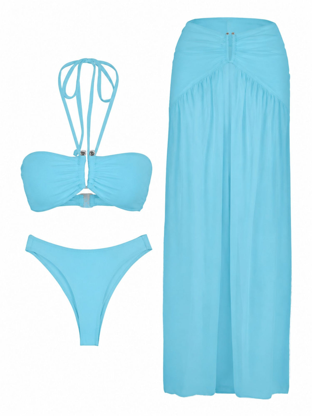 Sky Blue Bandeau Bikini Set with Sheer Maxi Skirt