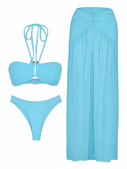 Sky Blue Bandeau Bikini Set with Sheer Maxi Skirt