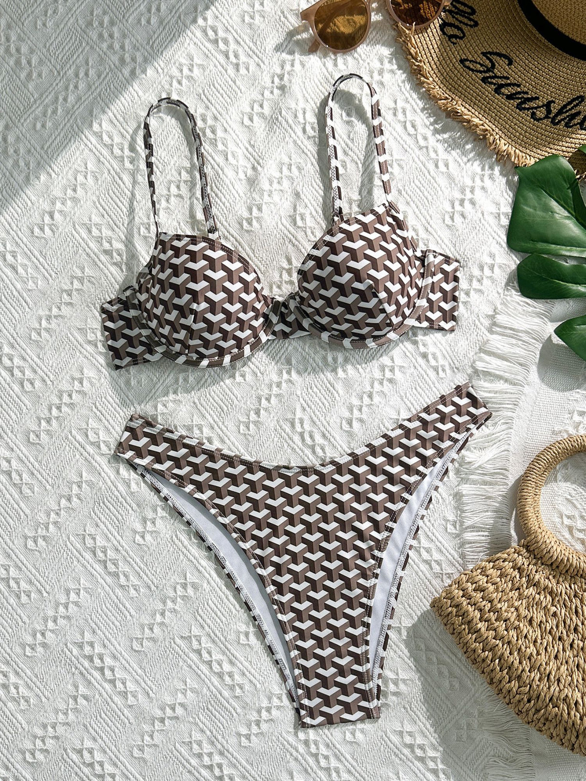 Geo Luxe Underwire Bikini Set in Mocha Brown