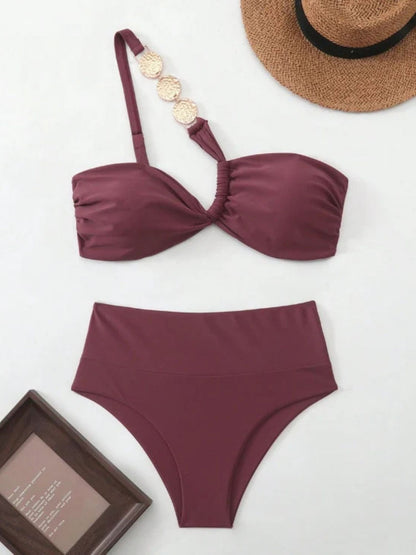 Aubergine One Shoulder Bandeau Bikini Set