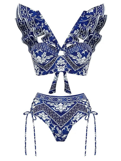 Boho Blue Bikini Set With Maxi Sarong