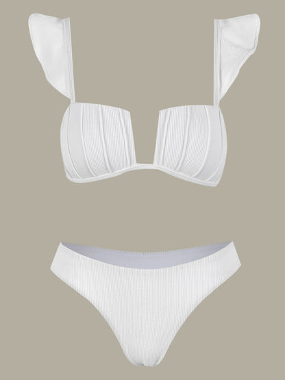 White Sculpted Bikini Set with Lace Flared Pants