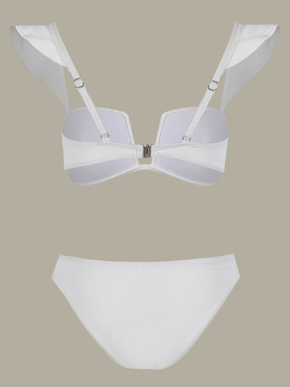 White Sculpted Bikini Set with Lace Flared Pants