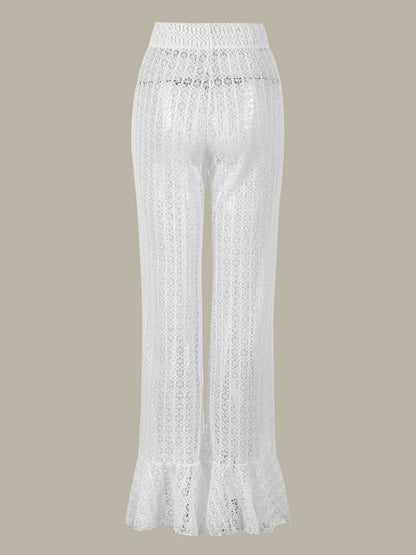 White Sculpted Bikini Set with Lace Flared Pants