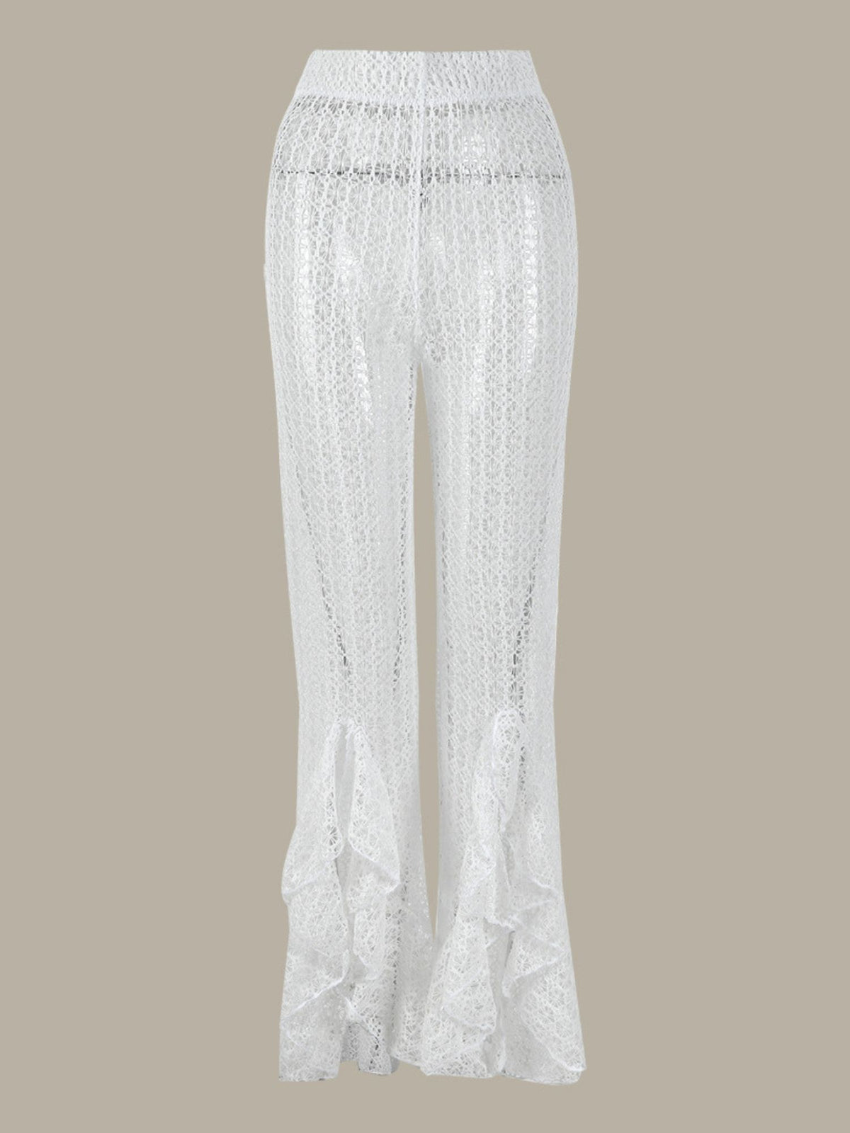 White Sculpted Bikini Set with Lace Flared Pants