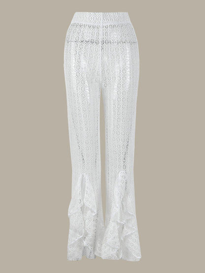 White Sculpted Bikini Set with Lace Flared Pants