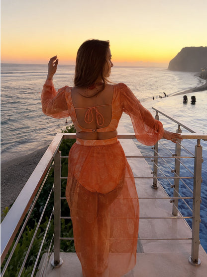 Peach Shell Bikini Set With Skirt