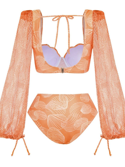 Peach Shell Bikini Set With Skirt
