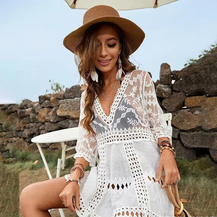White Lace V-Neck Cover-Up Dress