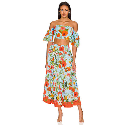 Floral Off-Shoulder Bikini Set With Maxi Skirt