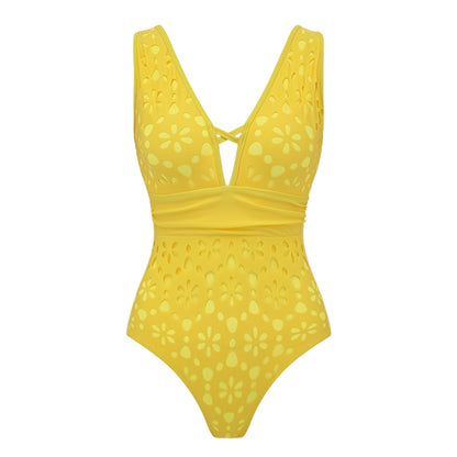 Yellow Floral Cutwork Monokini With Sarong