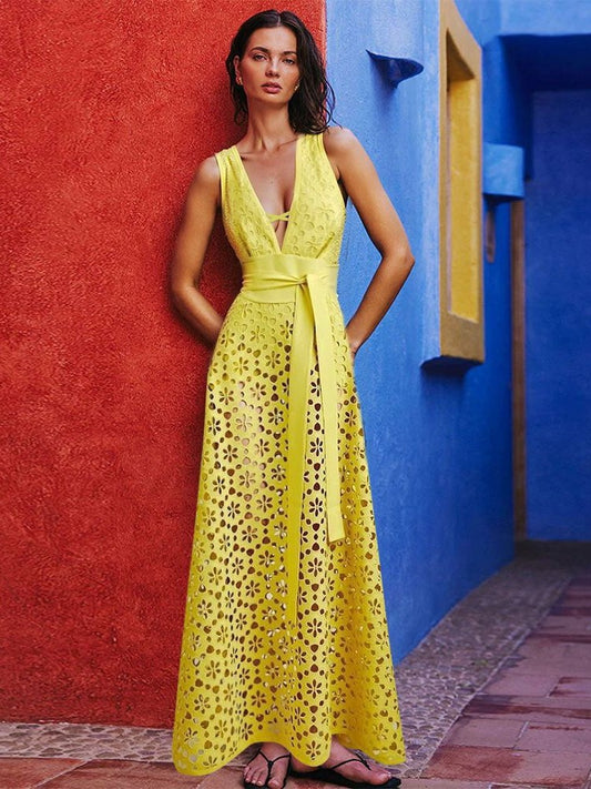 Yellow Floral Cutwork Monokini With Sarong
