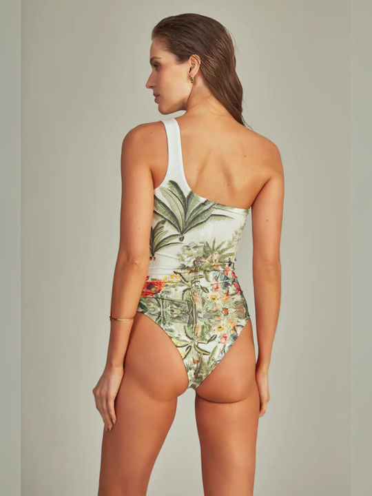 Women’s One-Shoulder Tropical One-Piece Swimsuit with Sheer Ruffle Sarong | Luxe Resort Swimwear