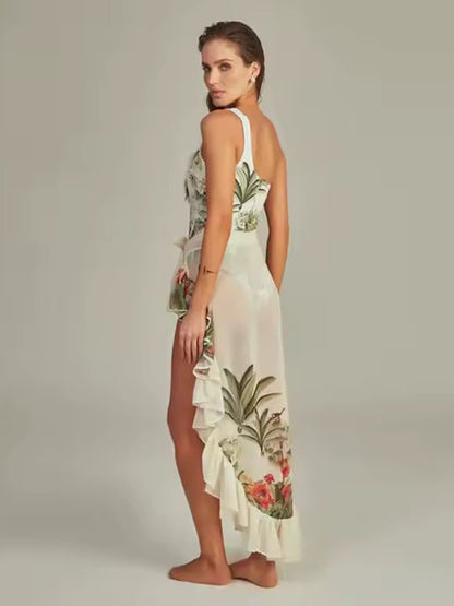 Women’s One-Shoulder Tropical One-Piece Swimsuit with Sheer Ruffle Sarong | Luxe Resort Swimwear