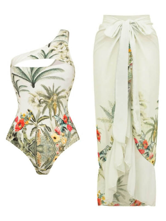 Women’s One-Shoulder Tropical One-Piece Swimsuit with Sheer Ruffle Sarong | Luxe Resort Swimwear