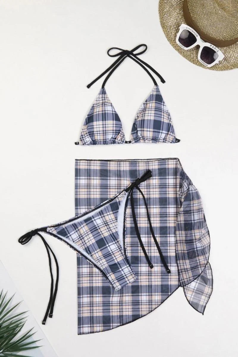 Grey Plaid Triangle Bikini Set